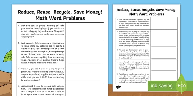Reduce Reuse Recycle Save Money Math Word Problems Activity