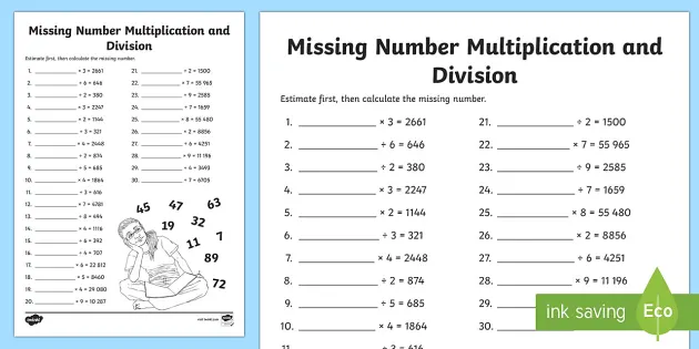 missing number multiplication and division worksheet worksheet