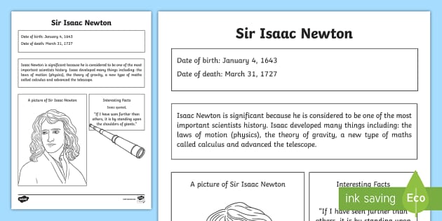 FREE! - Sir Isaac Newton Significant Individual KS1 Fact Sheet - Twinkl