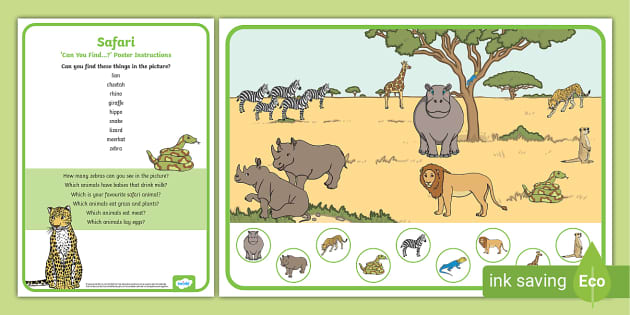Safari Can You Find...? Poster and Prompt Card Pack - Twinkl
