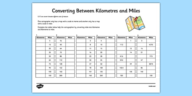 Kilometers To Miles Printable Chart