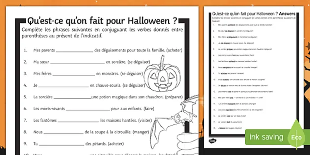 halloween present tense gap fill worksheet worksheet french