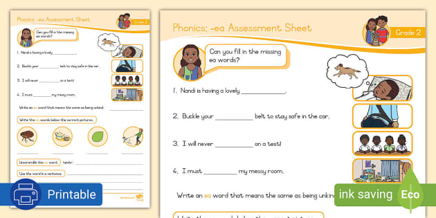 Grade 2 Phonics: ea Assessment Sheet (teacher made) - Twinkl