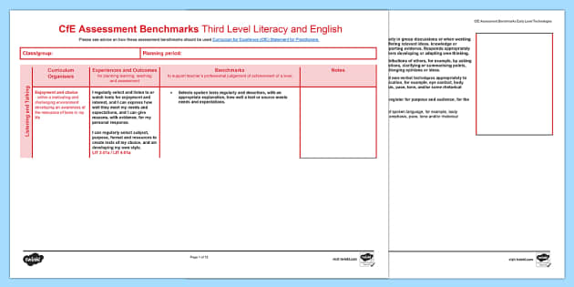 CfE Benchmarks Third Level Literacy And English Assessment