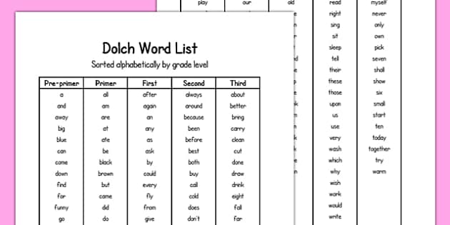 prek sight words from dolch list