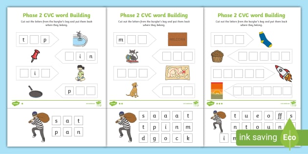 phase 2 cvc word building kindergarten english worksheets pdf