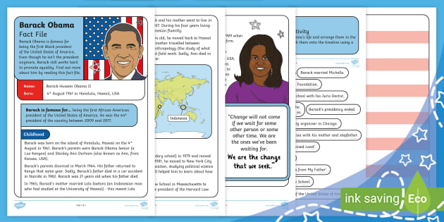 Barack Obama Fact File and Timeline Cut and Stick Activity (Ages 5 - 7)