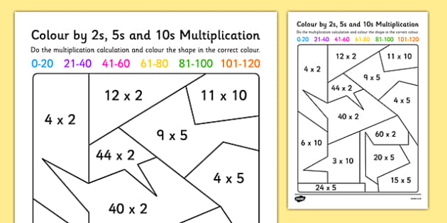 Mixed Colour by 2s, 5s and 10s Multiplication Worksheet / Worksheet