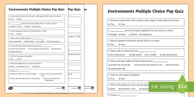 Environments Multiple Choice Pop Quiz (teacher made)