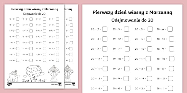 Przykłady Na Dodawanie I Odejmowanie Do 20 Dodawanie i odejmowanie do 20 | Marzanna | Początek wiosny