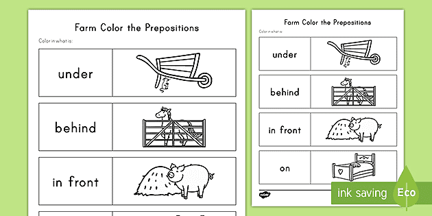 farm color the prepositions worksheet teacher made