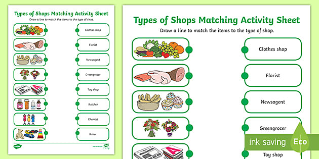 Match the signs to the shops. Types of shops. Kinds of shops. Different kinds of shops. Matching activity.