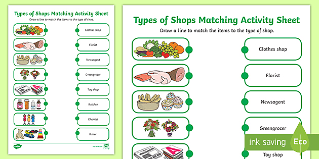 types of shops matching activity teacher made