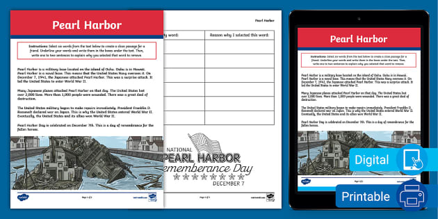 Third Grade Pearl Harbor Reverse Cloze Activity - Twinkl