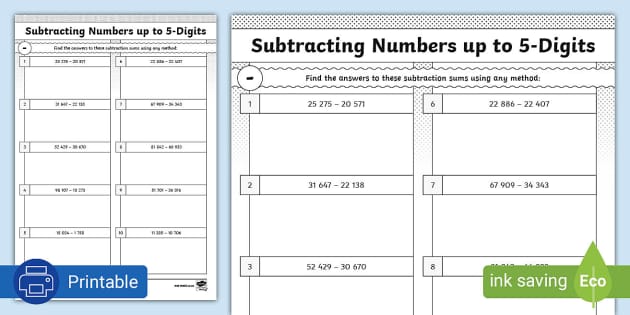 Subtracting Numbers Up To 5-Digits Activity Sheet - Twinkl