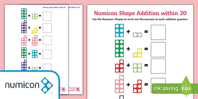 Numicon Shapes Addition within 20 Worksheets - Twinkl