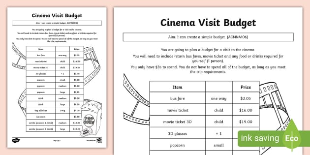 Cinema Visit Budget Worksheet / Worksheet (Teacher-Made)