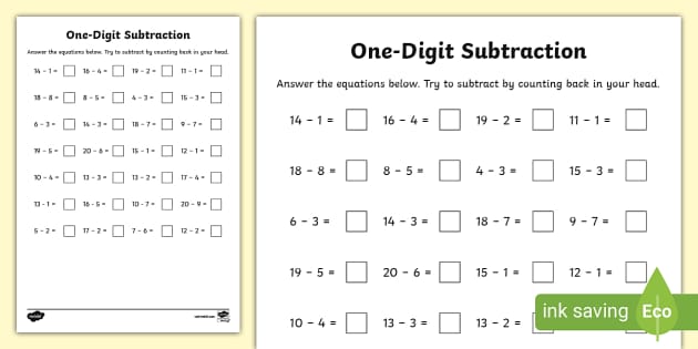 👉 One Digit Subtraction Worksheet Hecho Por Educadores