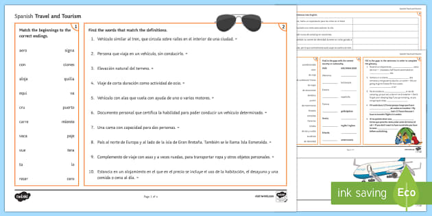 spanish travel vocabulary list travel matching worksheet