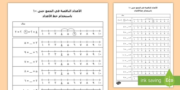 ورقة نشاط الأعداد الناقصة في الجمع حتى 10 باستخدام خط الأعداد العدد