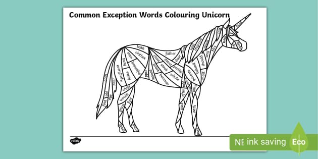 Year 2 Common Exception Words Colouring Unicorn Worksheet