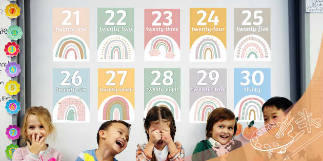 Numbers 21-30 Muted Rainbow-Themed Posters Pack - Twinkl