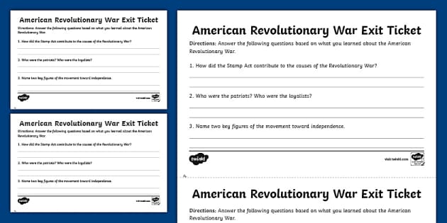 American Revolutionary War Exit Ticket for 6th 8th Grade