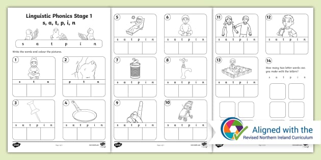 Linguistic Phonics Stage 1 s, a, t, p, i, n Activity Sheet