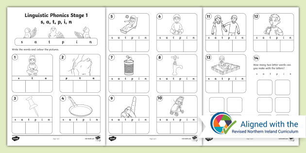 linguistic phonics stage 1 s a t p i n activity sheet