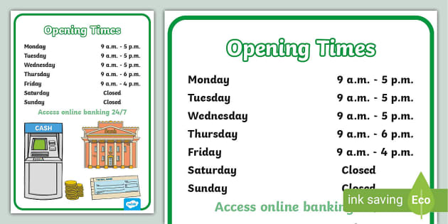 Bank Opening Times Role Play Poster teacher made Twinkl