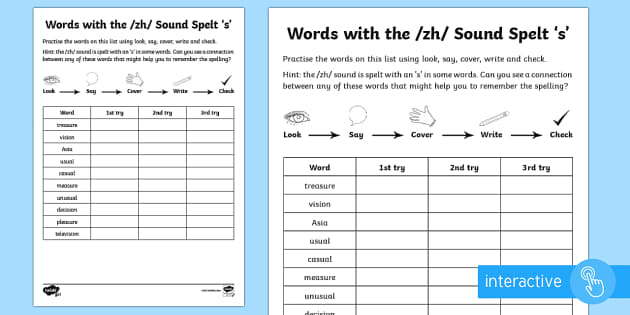Year 2 Spelling Practice /zh/ Sound Spelt 's' Worksheet