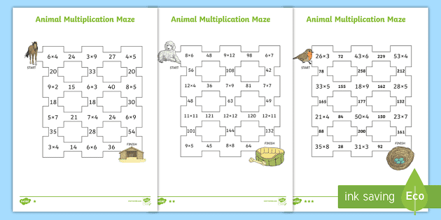 Animal Multiplication Maze Differentiated Worksheets