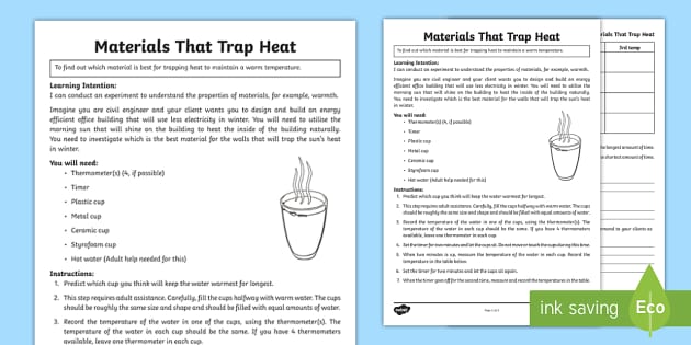 Design Technology Trapping Heat Experiment Worksheet / Worksheet