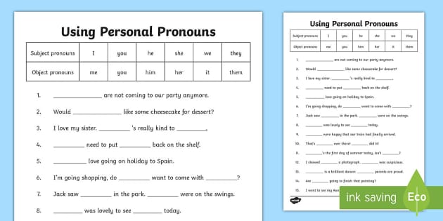 Personal Pronouns Worksheet (teacher made)