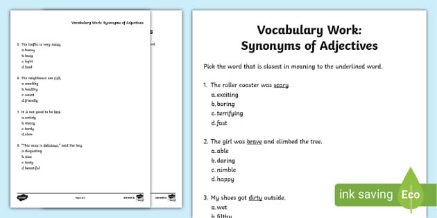 Synonyms of Adjectives Vocabulary Worksheet teacher made