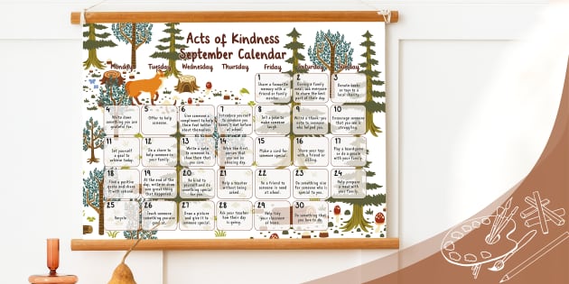 Acts of Kindness September Calendar Woodland Nature Poster