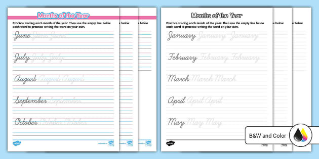 Cursive Months of the Year Practice Activity - Twinkl