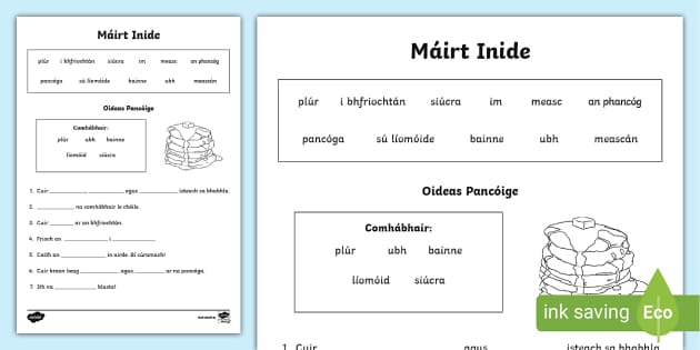 Shrove Tuesday Worksheet as Gaeilge - Fill in the Blanks