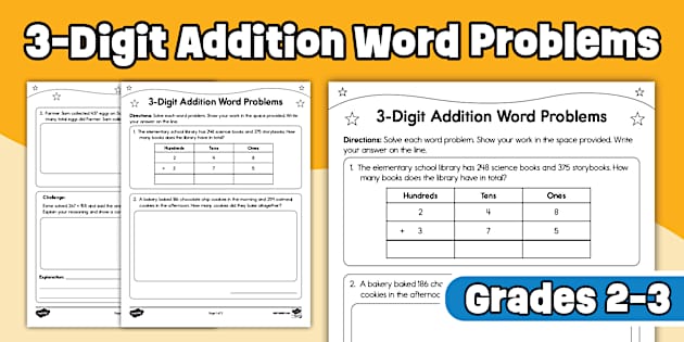 3-Digit Addition Word Problems Worksheet for 2nd-3rd Grade