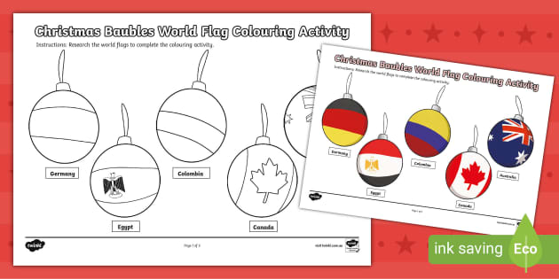 Christmas Baubles World Flag Colouring Activity - Twinkl