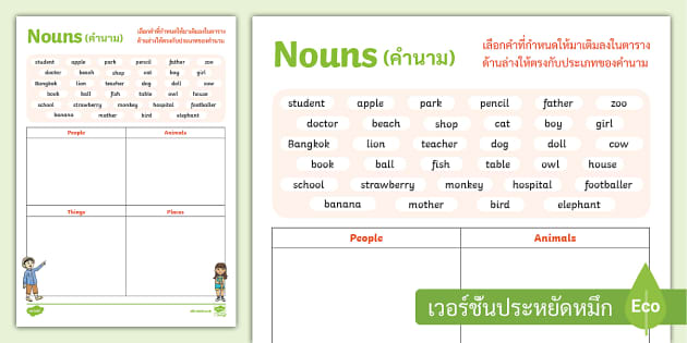 ใบงาน Nouns พร้อมเฉลย - Nouns Worksheet