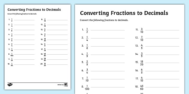converting fractions to decimals worksheet math learning
