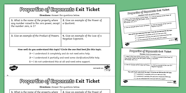 Seventh Grade Properties of Exponents Exit Ticket - Twinkl