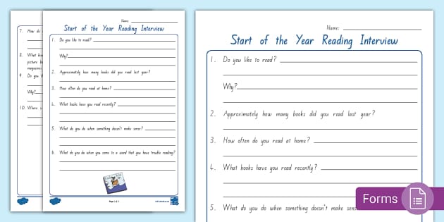 Editable Start of the Year Reading Questionnaire Activity