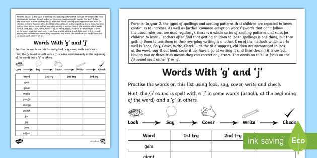 Year 2 Spelling Practice J Sound Spelt J And G Homework Worksheet