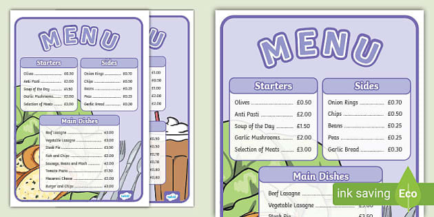 Restaurant Role Play Children s Menu teacher Made 