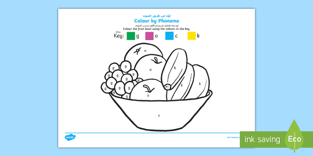 Color By Phoneme Fruit Bowl Phase 2 G O C K Coloring Page Arabic English