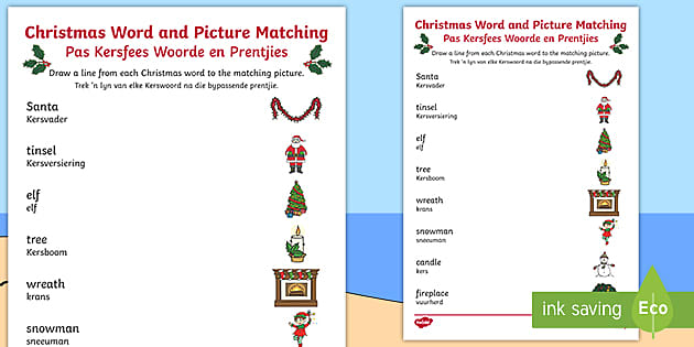 christmas word and picture matching worksheet english afrikaans christmas