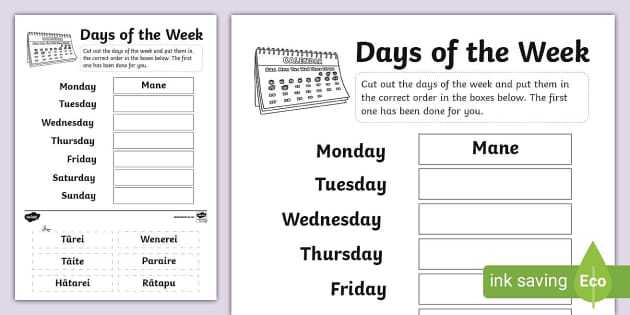 Days of the Week in Māori Cut and Stick Worksheet - Twinkl