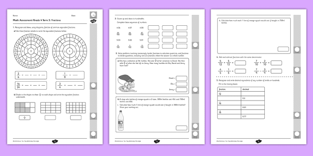 grade 4 maths assessment fractions term 2 teacher made